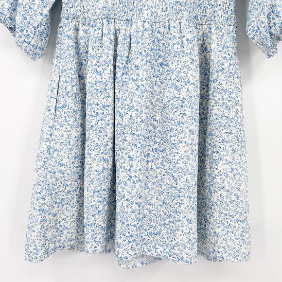 Baltic Born Koa Short Dress Blue Cream Ditsy Floral Smocked Waist Womens Sz S - Picture 10 of 12